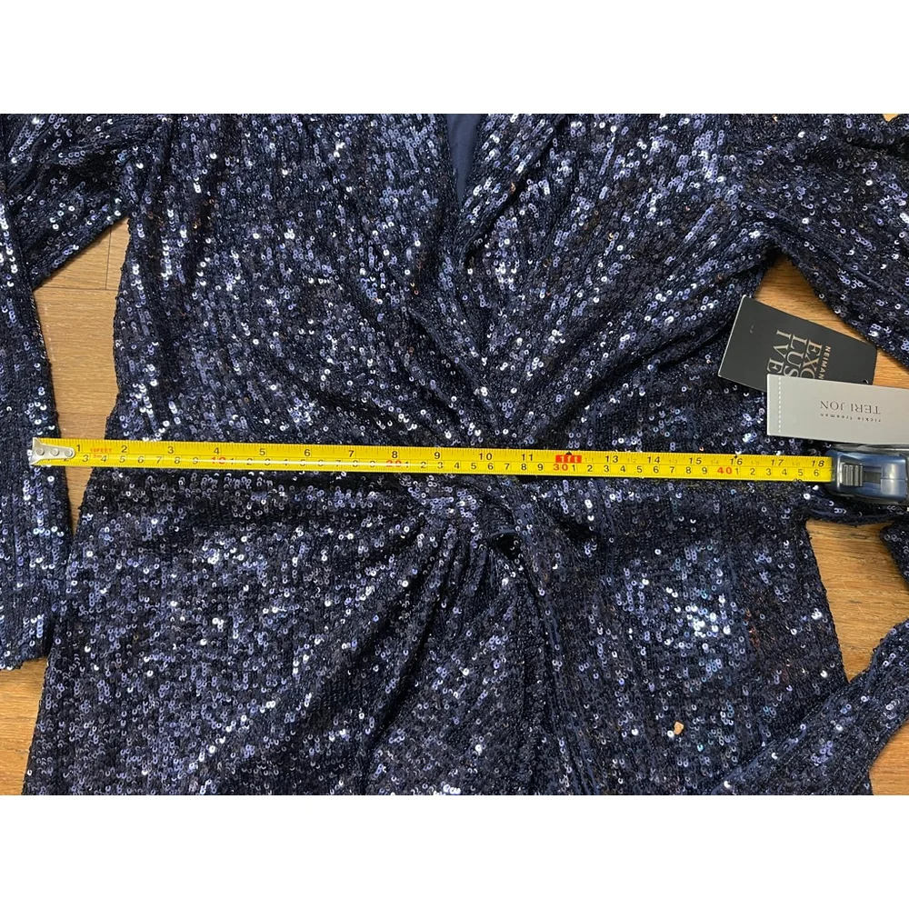NWT $595 Rickie Freeman for Teri Jon Blue Sequin Wrap Dress Blazer SZ 12 - Picture 8 of 8